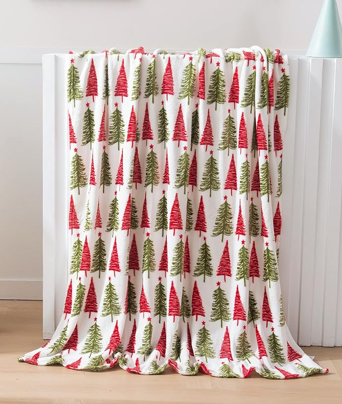 Elegant Comfort Luxury Velvet Super Soft Christmas Prints Fleece Blanket-Holiday Theme Home Décor Fuzzy Warm and Cozy Throws for Winter Bedding, Couch and Gift, 50 x 60 inch, Ivory Christmas Tree
