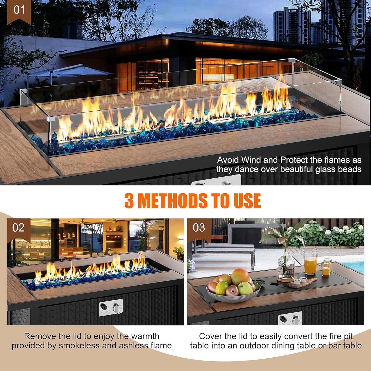 45 inch Outdoor Propane Fire Pit 50,000 BTU Gas Fire Pit Table with Walnut Tabletop, Glass Wind Guard, Waterproof Cover, Rectangle Gas Firepit Table for Garden/Patio,CSA Certification