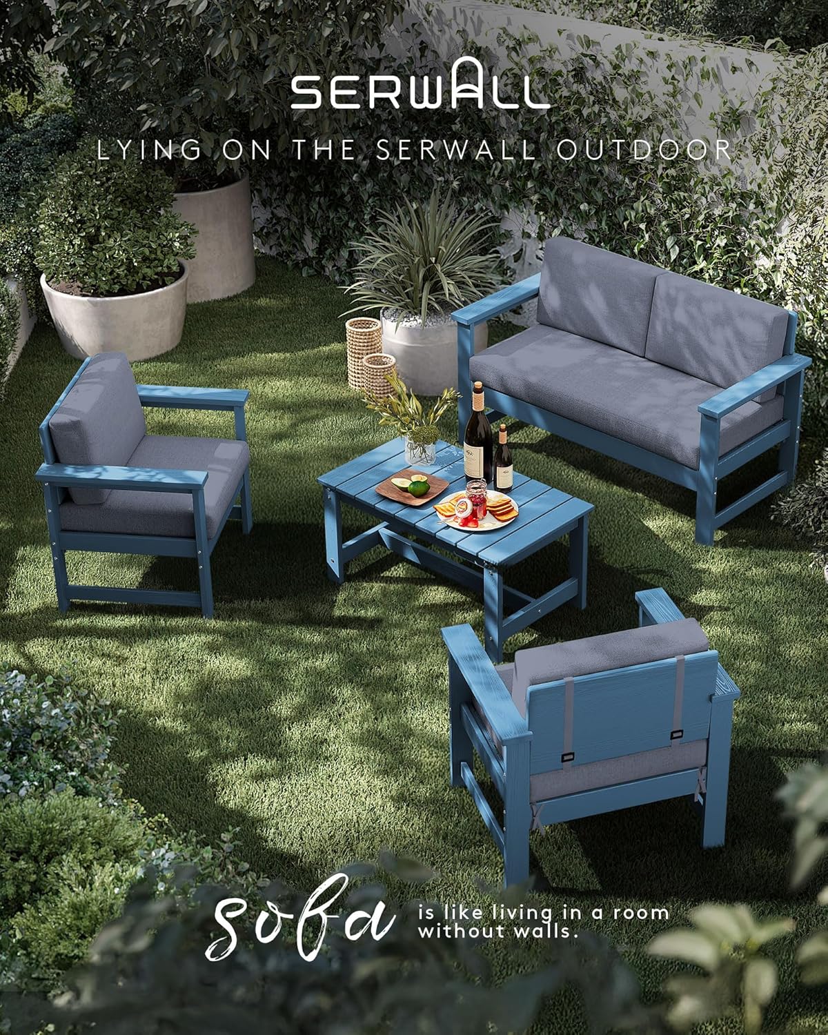 SERWALL 2 Pieces Single Cushioned Lounge Chair, Blue HDPE Outdoor Adirondack Sofa Armchair with Grey Cushion