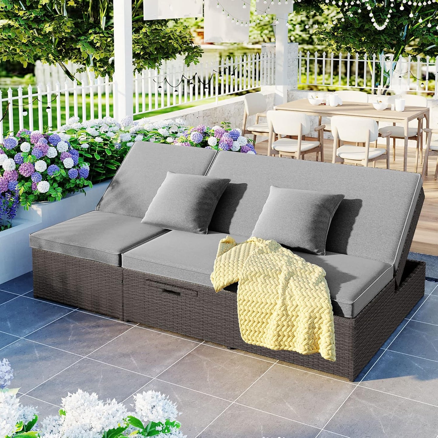 kevinplus Outdoor Daybed Patio Sunbed, Wicker Rattan Patio Reclining Chairs with Adjustable Backrest and Seat & Foldable Cupholder for Garden Poolside Balcony, Gray