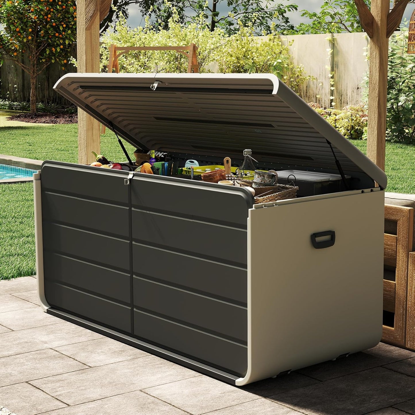 Domi 200 Gallon Resin Deck Box, Waterproof & UV-Resistant Outdoor Large Storage Box Lockable Storage Bin for Patio Cushions Pool Supplies Garden Tools and Delivery Storage