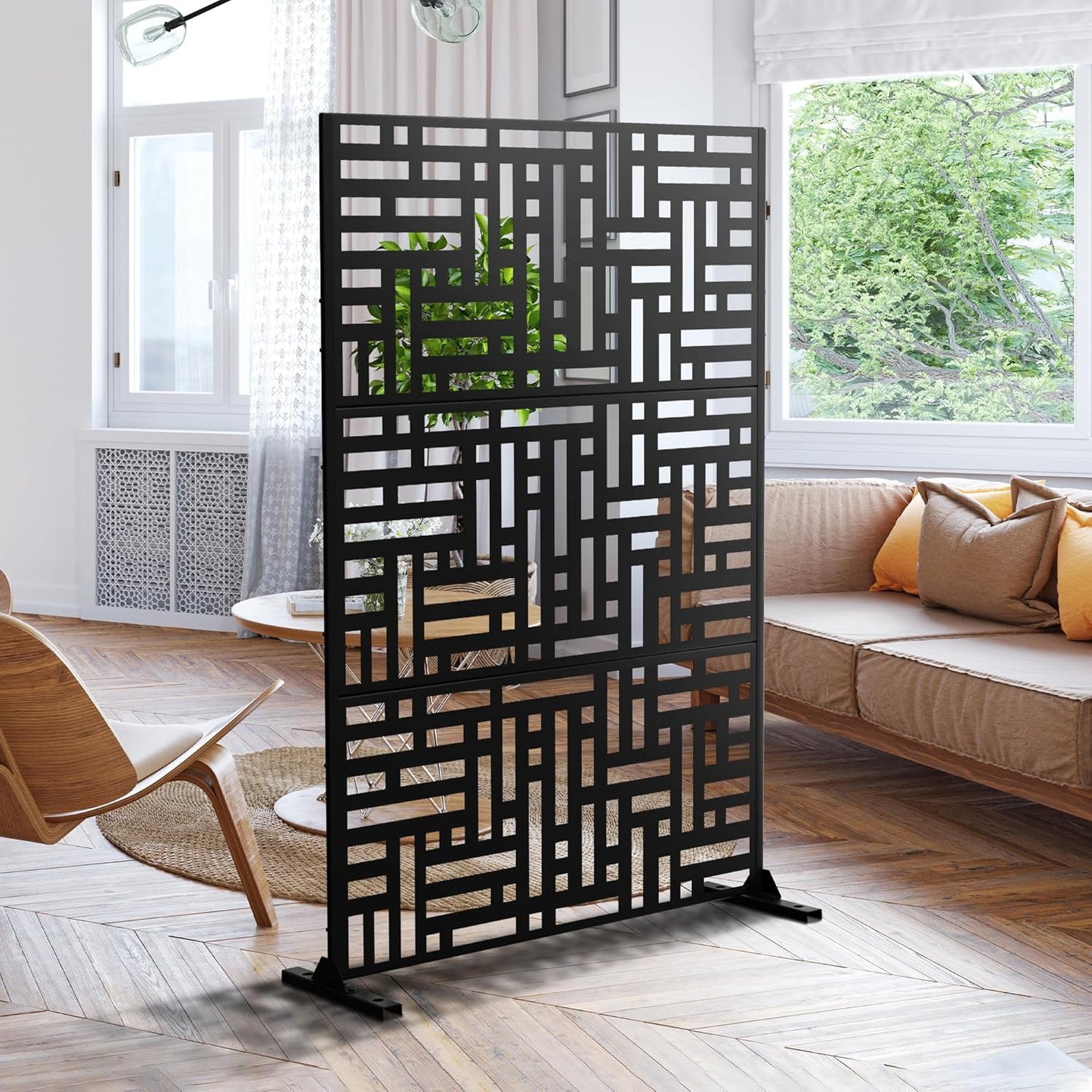 Metal Privacy Screen 72" H47 W,Freestanding Decorative Outdoor Panel for Balcony Patio Lawn Garden,Fence-Black & Street