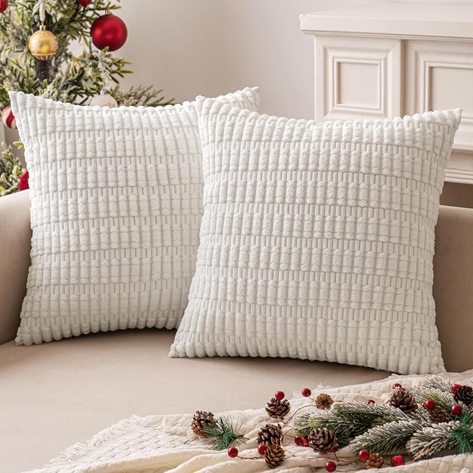 MIULEE Pack of 2 Corduroy Decorative Throw Pillow Covers 16x16 Inch Soft Boho Striped Pillow Covers Modern Farmhouse Home Decor for Sofa Living Room Couch Bed Pure White