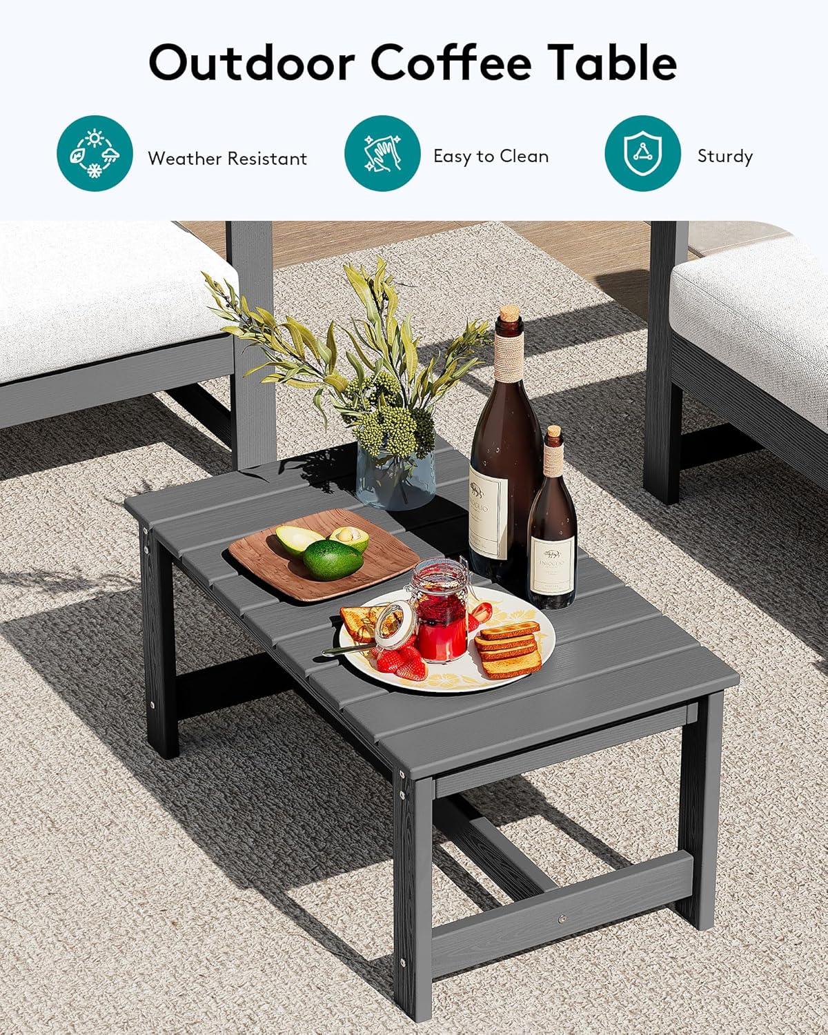 SERWALL 3 Pieces HDPE Outdoor Sofa Set with Cushions, All Weather Use Patio Couch Loveseat Furniture with Coffee Table for Balcony, Deck, Poolside, Grey Frame with Khaki Cushions