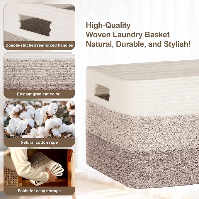45L Small Laundry Basket with Leather Handles for Living Room Storage, Woven Rope Baskets Bin for Blanket, Kids Toy, Gifts, Wicker Hamper for Bedroom Dirty Clothes, 18"x14"x11" Gradient Brown
