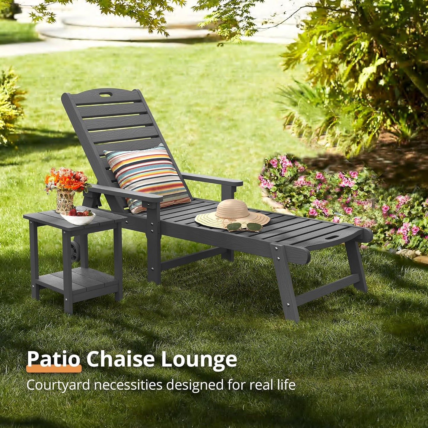 LUE BONA Outdoor Chaise Lounge Chairs Set of 4, 79'' Oversized HDPS Chaise Lounger, 5 Positions Adjustable Lounge Chairs, Pool Lounge Chair with Wheels for Poolside, 3 Year Warranty, Dark Gray