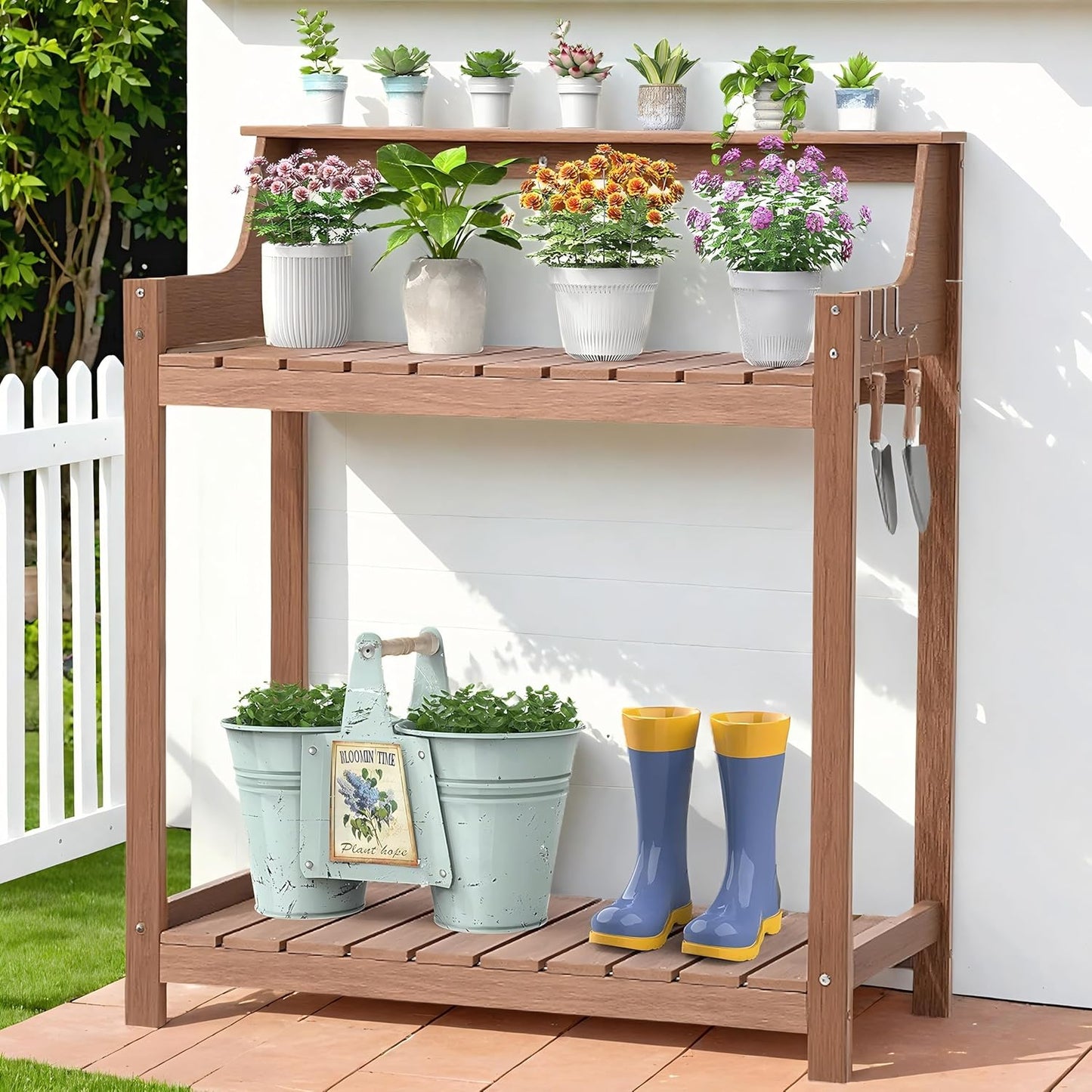 HDPS Potting Bench, All Weather Potting Table with 8 Hooks and Highten Tabletop, Easy Assembly Garden Work Bench, Outdoor Potting Benches for Outside Patio Lawn, 360LBS Capacity, Teak