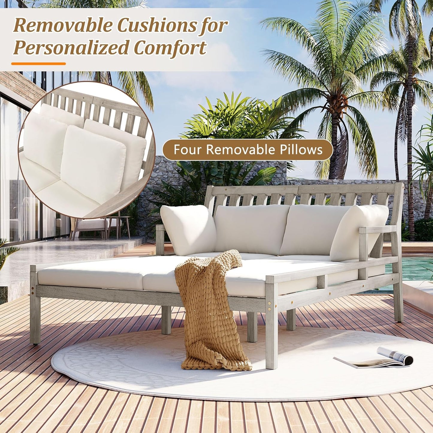 Merax Outdoor Daybed, 3 Seater Acacia Wood Daybed, Patio Day Bed with Four Pillows, Wooden Outdoor Bed with Curved Armrests for Poolside, Backyard, Garden, Gray