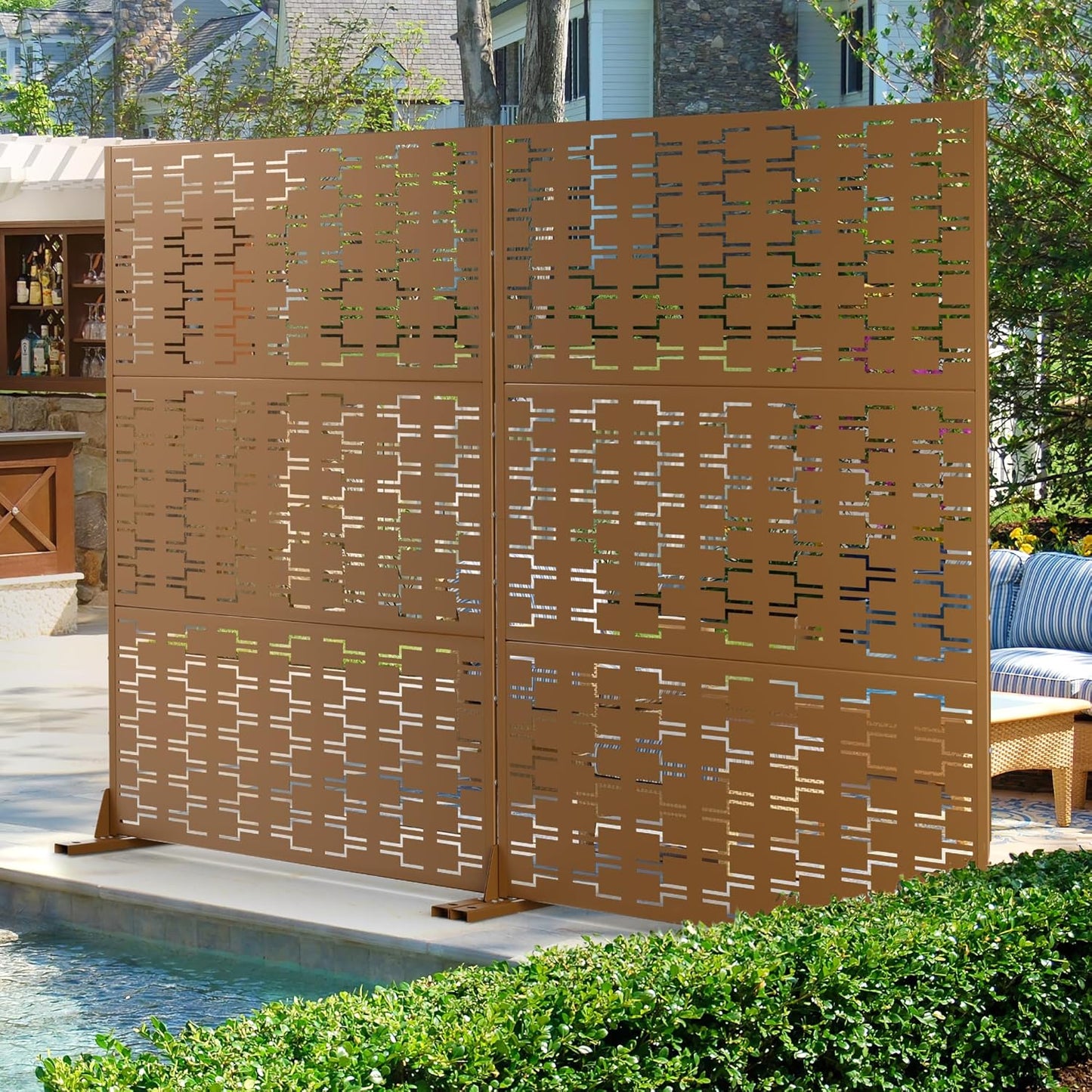 Metal Privacy Screen Outdoor 72" H×47" W,Freestanding Decorative Privacy Screen for Balcony Yard&Garden,Privacy Fence-Brown&Brick