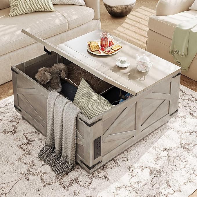 Jocoevol Farmhouse Lift Top Coffee Table, Square Wood Center Table with LED Lighting, USB-C Charging Station, and Hidden Storage Compartment - Rustic Grey Living Room Furniture
