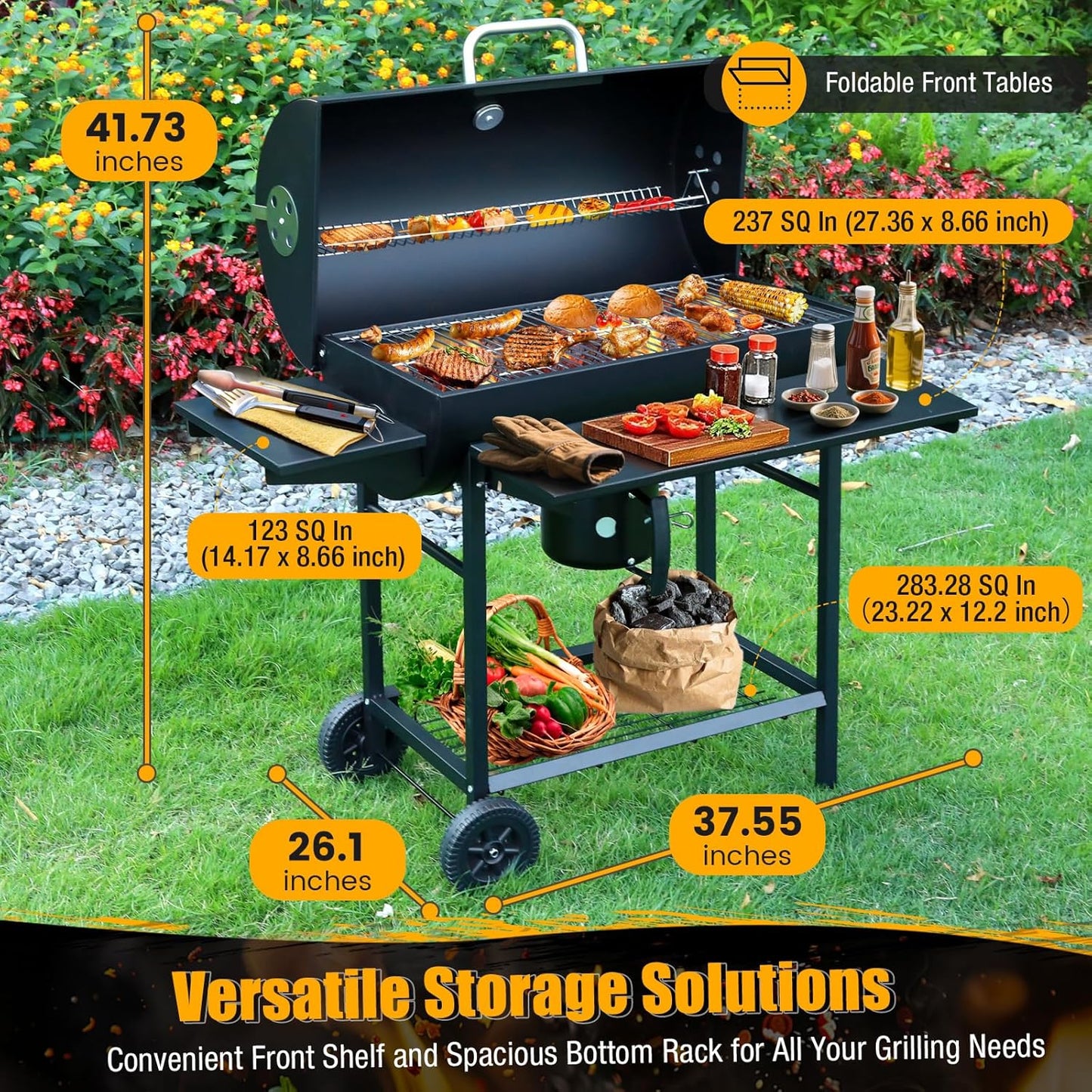 Charcoal BBQ Grills Outdoor: Spacious Barrel Barbecue Grill with Side Front Table - Premium BBQ Smoker Combo for Backyard Cooking Patio Grilling Tailgating Party Camping Picnic