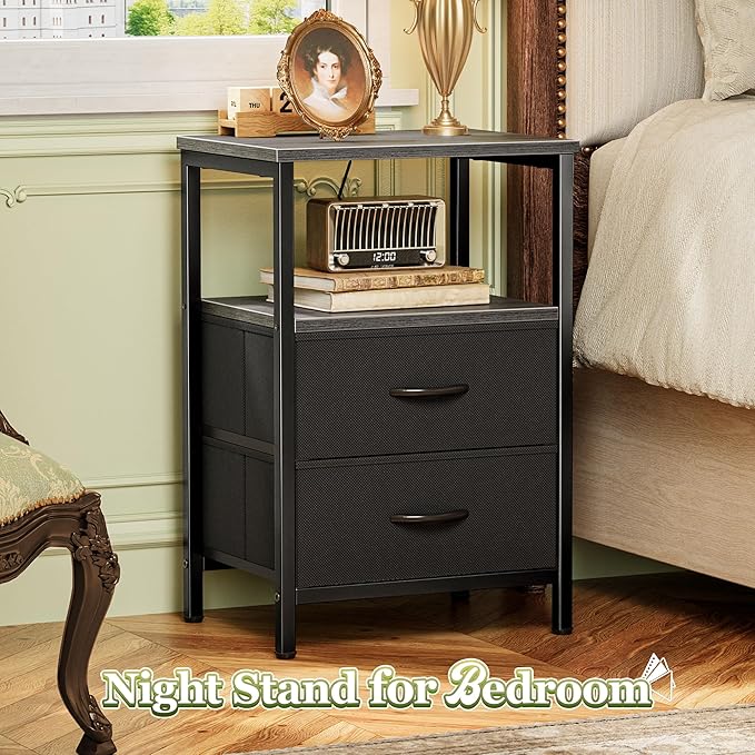 Huuger Night Stand Set of 2, Nightstand with 2 Drawers, Bed Side Table with Open Shelf, Wooden Top, End Table, Fabric Drawer, for Bedroom, Grey