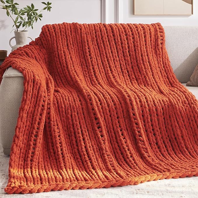 Negwoo Chunky Knit Throw Blanket, 50''*60'' Fall Throw Blanket Knitted Chenille Yarn for Bed Couch, Handmade Orange Crochet Big Thick Blanket, Machine Washable Cute Comfy Blankets for Home Decor