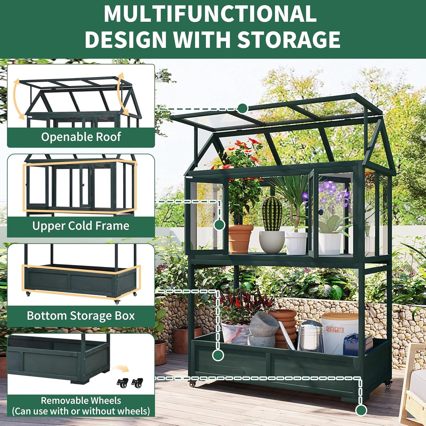 Merax 69" Wooden Greenhouse with Wheels - Portable Cold Frame for Balcony/Patio, UV-Resistant Indoor Outdoor Plant Growing Cabinet (Large, Heavy-Duty) (Forest Green)