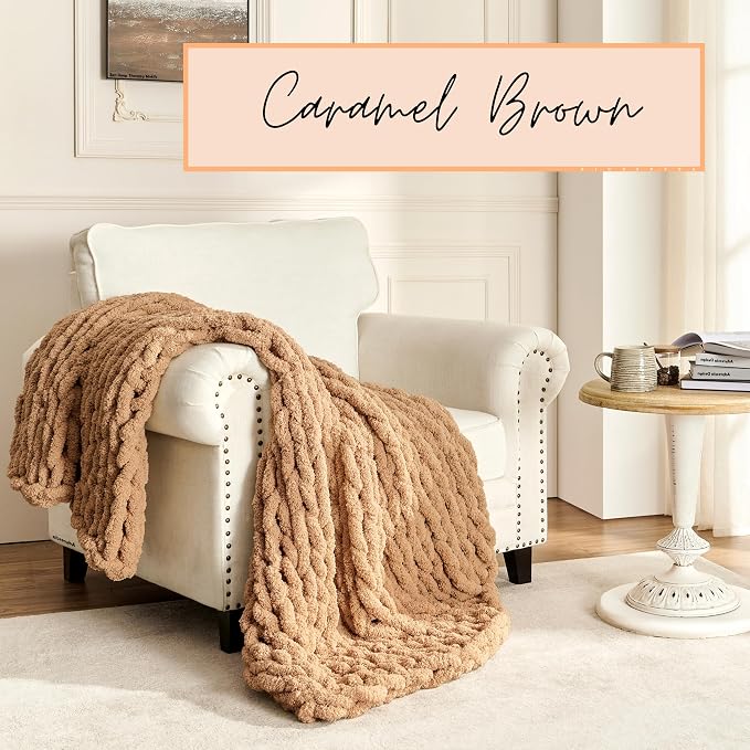Adyrescia Chunky Knit Blanket Throw | 100% Hand Knit with Jumbo Chenille Yarn (50"x60", Caramel Brown)