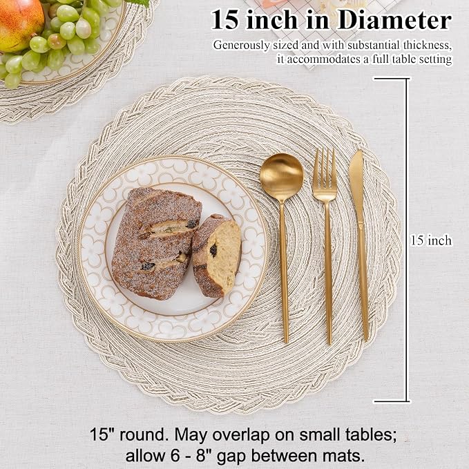 SHACOS Round Placemats Set of 6 Boho Braided Bordered Place Mats 15 inch for Dining Tables Wedding Holiday Party (Ivory Bordered, 6)