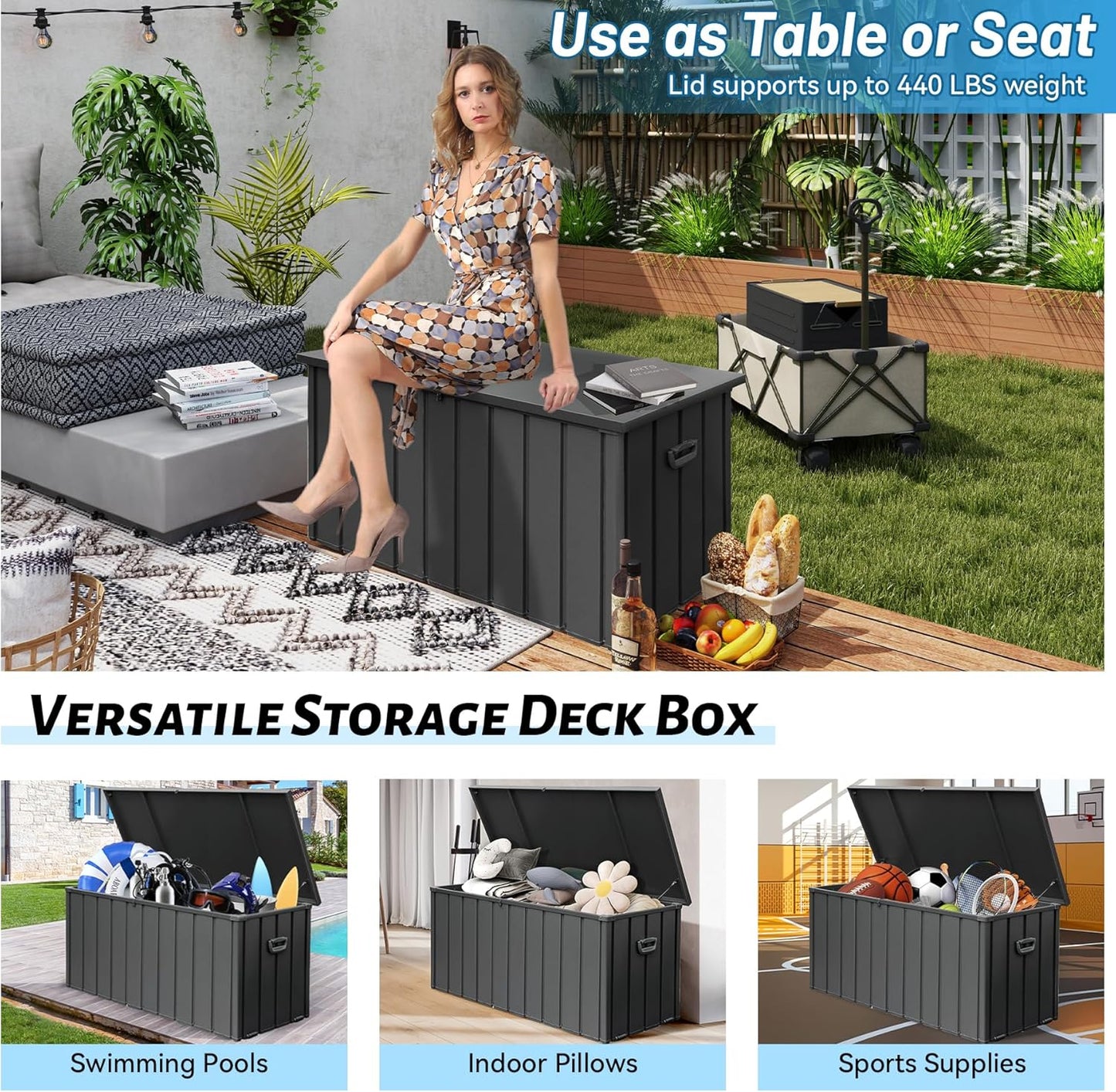 160 Gallon Outdoor Storage Deck Box Made of Galvanized Steel, Waterproof All Weather Outside Storage Bench UV-Resistant on Wheel, Lockable Package Delivery Box for Porch, Cushion, Tools, Grey