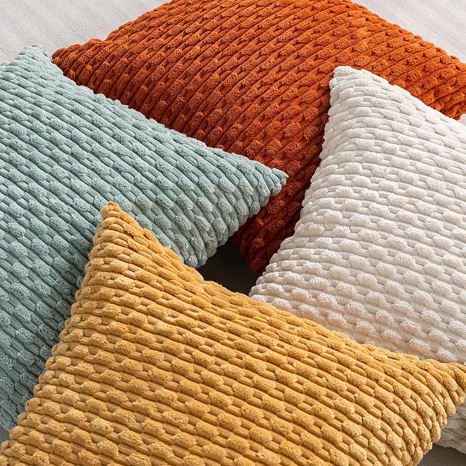 Set of 4 Yellow Rust Aqua Decorative Throw Pillow Covers 24x24 Inch Corduroy Pillow Covers for Bed Couch Sofa Living Room Soft Square Cushion Cases