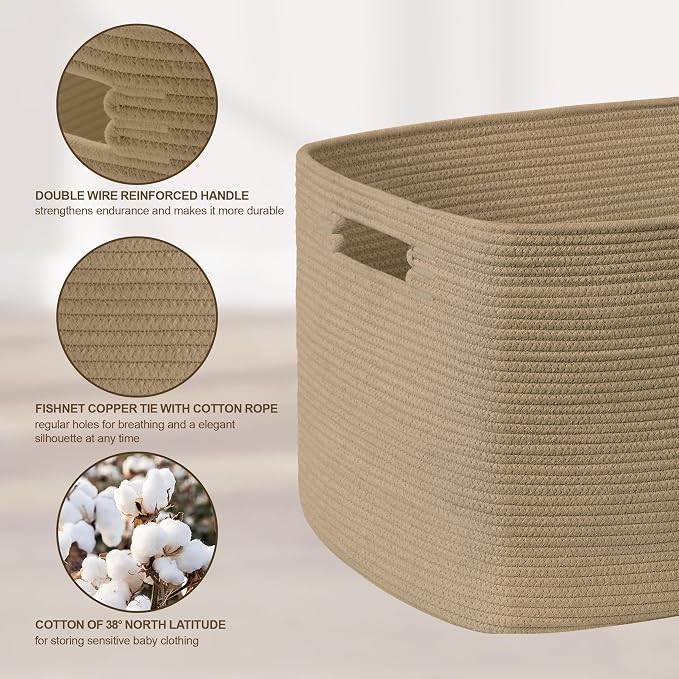 45L Small Wicker Laundry Basket for Living Room Storage,Cute Boho Woven Cotton Rope Baskets for Kids Toy,Gifts,Square Blanket Hamper for Bedroom Dirty Clothes,Jute