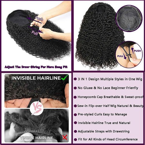 OZQKB 12A 220% Density Kinky Curly Half Wig Human Hair 3 In 1 Seamless Flip Over Half Wigs Wear Go Glueless Wigs Human Hair With Drawstring Beginner Friendly Headband Wig Human Hair For Women 18 Inch