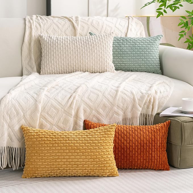 Set of 4 Yellow Rust Aqua Decorative Throw Pillow Covers 12x20 Inch Corduroy Pillow Covers for Bed Couch Sofa Living Room Soft Cushion Cases