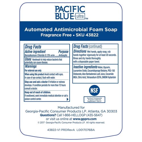 Georgia-Pacific-43822 Pacific Blue Ultra Antimicrobial Foam Soap Refills for Automated Touchless Soap Dispenser, Dye and Fragrance Free, 3 Bottles/Case