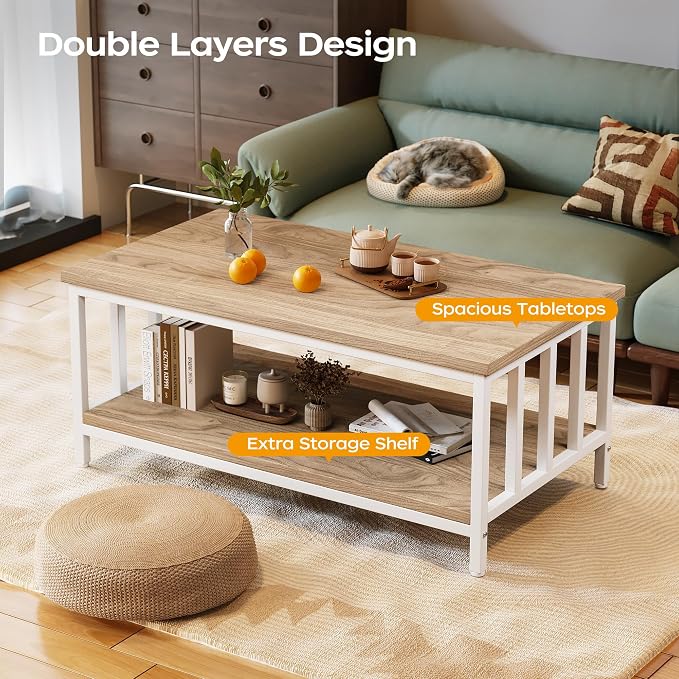 Coffee Table for Living Room with Slatted Sides Frame, Modern Farmhouse Living Room Table with 2-Tier Storage Shelf for Home Office, Apartment, 39 inch, Light Coffee