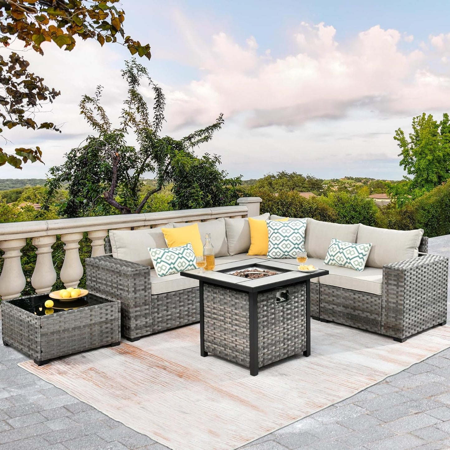 HOOOWOOO Modular Patio Outdoor Sectional Furniture Set with Gas Propane Fire Pit Table,7 Piece Wicker Conversation Sofa Set,Out Door Couch Set with Wide Arm Outside(Beige)