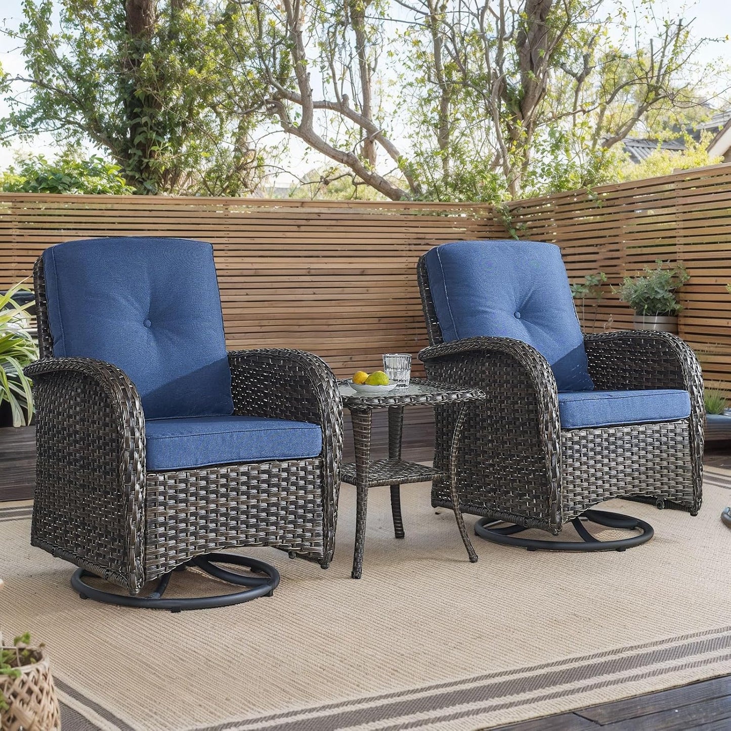 HUMMUH Outdoor Swivel Chairs,3 Pieces Patio Furniture Set with 360 Degree Wicker Swivel Rocking Chairs and Side Table for Garden,Porch,Backyard (Brown/Blue)