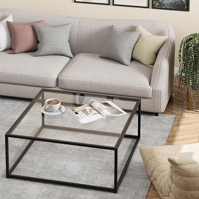 Black Glass Coffee Table for Living Room,Square Coffee Tables for Small Spaces,Simple Tea Cocktail Modern Center Tables, Living Room Tables,Easy Assembly,26 * 26in（Black & Clear Glass）
