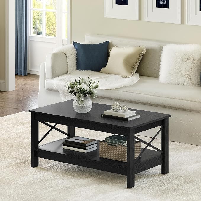 YITAHOME Coffee Table for Living Room, Modern Farmhouse Coffee Table with Storage, 2-Tier Center Table Wood Living Room Table Accent Cocktail with Sturdy Frame, Black