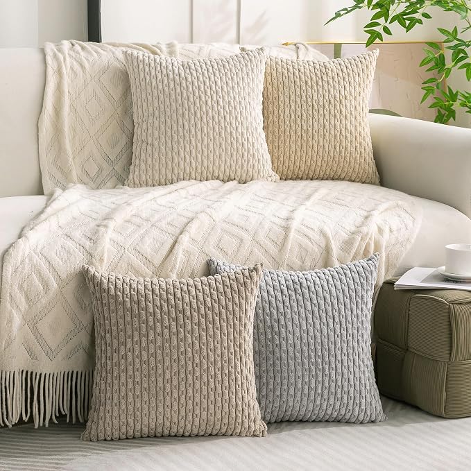 Set of 4 Neutral Decorative Throw Pillow Covers 24x24 Inch Corduroy Pillow Covers for Bed Couch Sofa Living Room Soft Square Cushion Cases