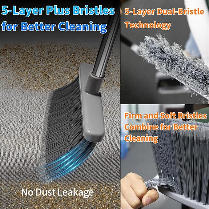 Broom with Dustpan Combo Set Broom and Dustpan Set Dust Pan with 51.2" Stainless Steel Long Handle, Brooms with 5-Layer Plus Firm and Soft Bristles Combine, New Home Apartment Office Essentials