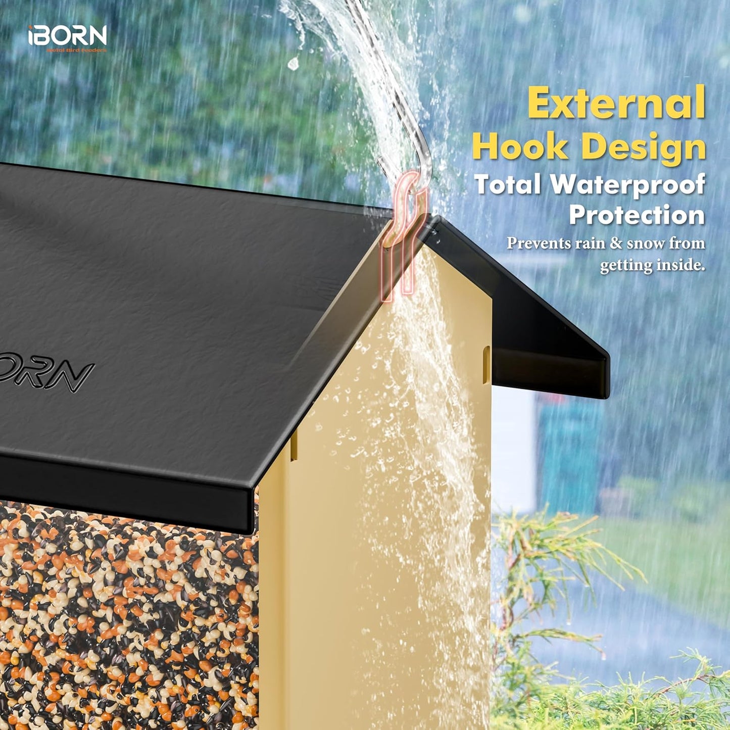 iBorn Bird Feeders for Outdoors,Bird House Feeder with Weatherproof Metal Roof & 8 Drain Holes,Fully Detachable Birdfeeder Design,Easy Clean & Refill,Chew-Proof PC Windows,1.5 Lbs Capacity,Black Roof