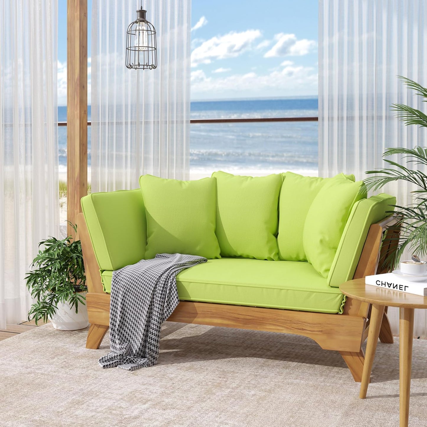 Outdoor Adjustable Patio Wooden Serene Daybed Sofa Chaise Lounge with Cushions for Small Places, Sleeper Chair with Armrest for Backyard, Poolside (Green)