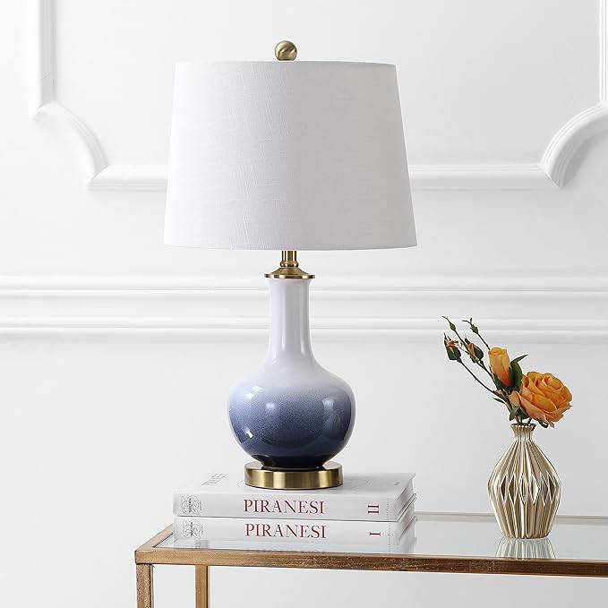 JONATHAN Y JYL3019A Gradient 25" Ceramic/Brass LED Table Lamp Contemporary Traditional Bedside Desk Nightstand Lamp for Bedroom Living Room Office College Bookcase LED Bulb Included, White/Navy