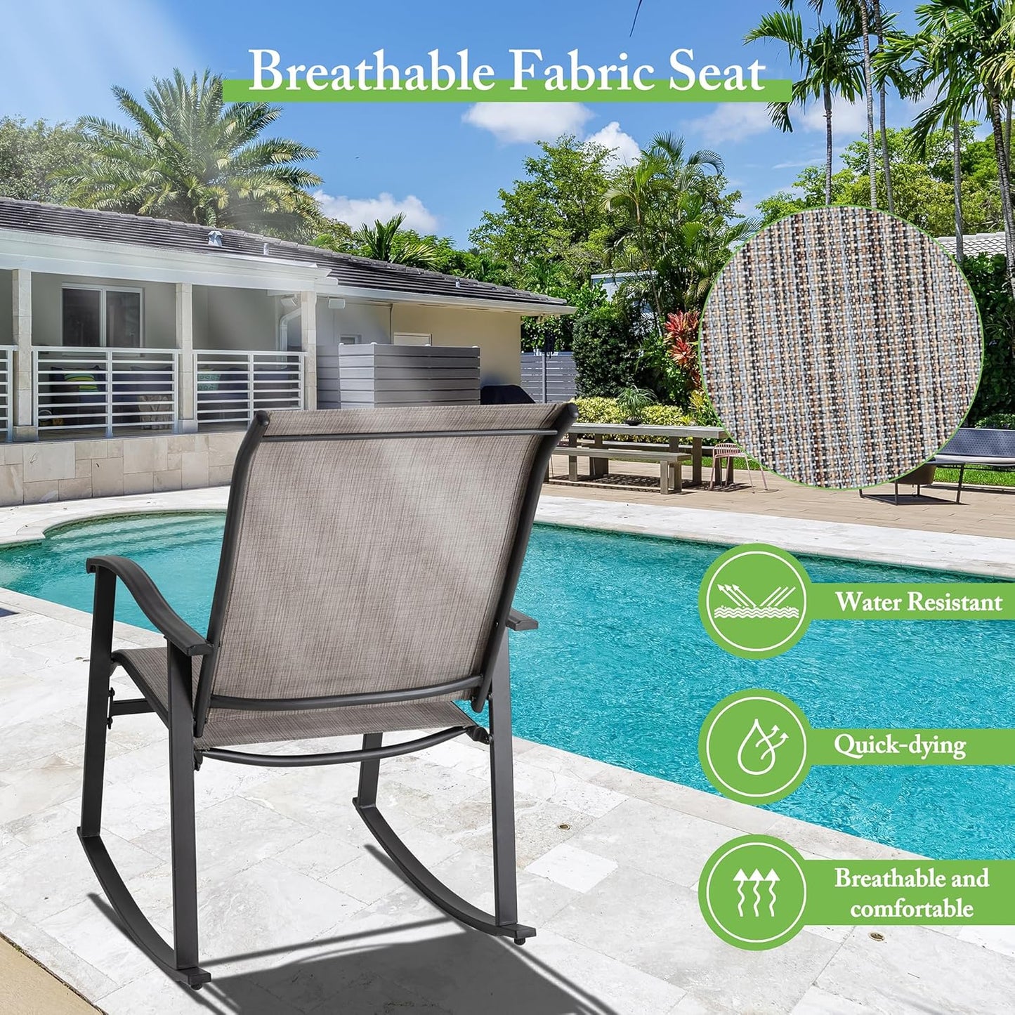 Shintenchi 3 Piece Rocking Bistro Set, Outdoor Furniture with Rocker Chairs and Glass Coffee Table Set of 3, Balcony, Porch Furniture for Small Space, Gray
