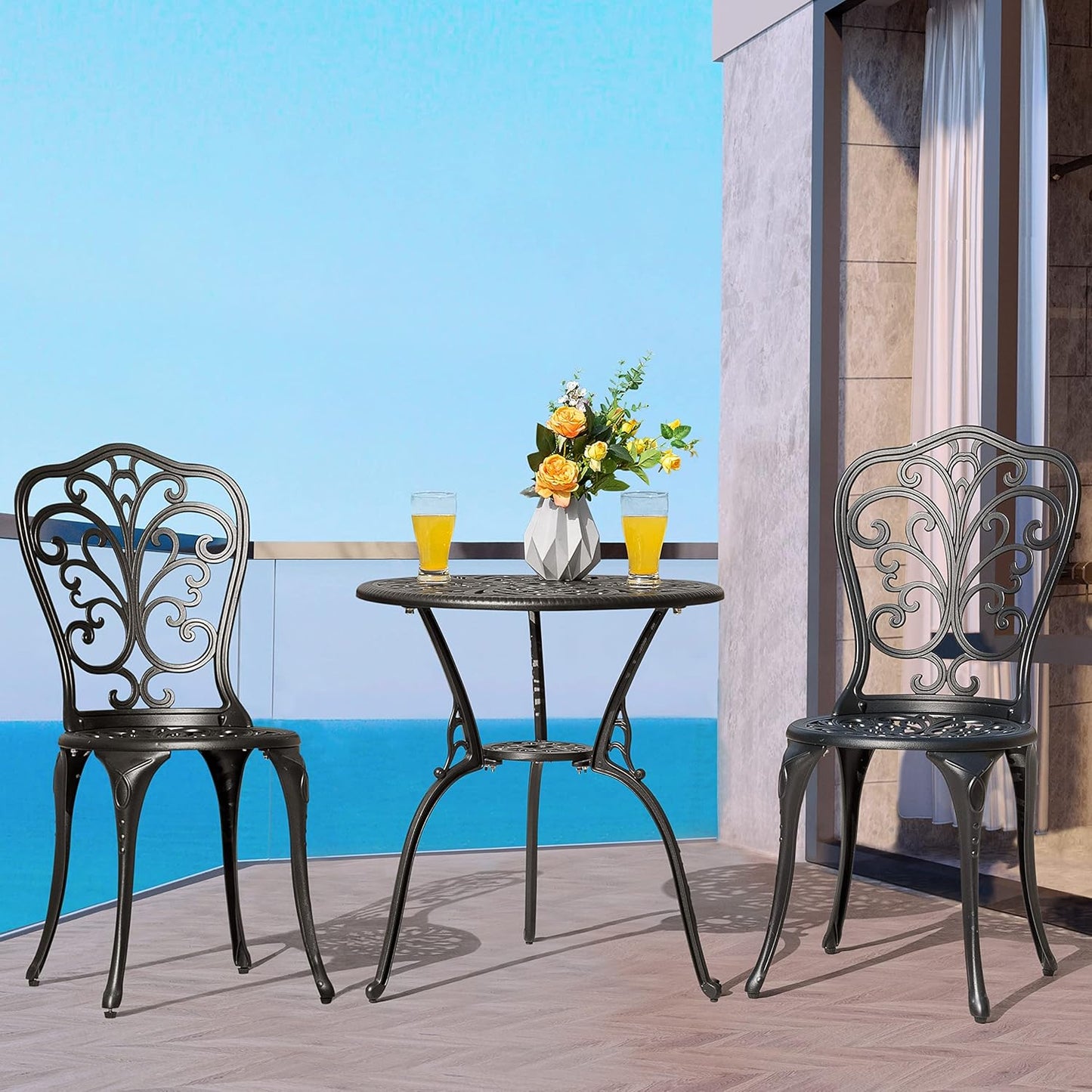 NUU GARDEN 3 Piece Outdoor Bistro Table Set, All Weather Cast Aluminum Patio Bistro Sets Patio Table and Chairs Set of 2 with Umbrella Hole for Yard, Garden, Balcony, Black