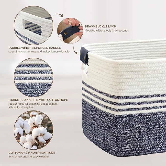 45L Small Laundry Basket with Leather Handles for Living Room Storage, Woven Rope Baskets Bin for Blanket, Kids Toy, Gifts, Wicker Hamper for Bedroom Dirty Clothes, 18"x14"x11" Denim Blue