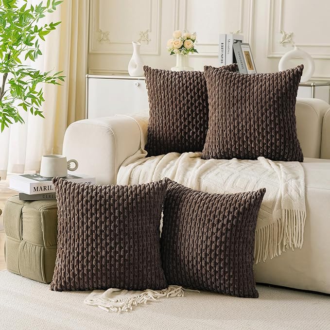Set of 4 Dark Brown Decorative Throw Pillow Covers 24x24 Inch Corduroy Pillow Covers for Bed Couch Sofa Living Room Soft Square Cushion Cases