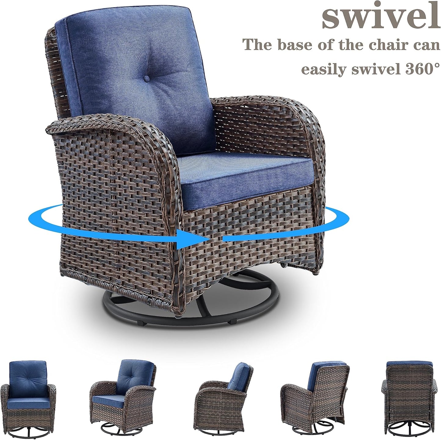 7 Piece Outdoor Patio Wicker Furniture Sets with Swivel Rocker Chairs, Rattan Loveseat Conversation Sets for Patio Deck Backyard Poolside, Blue Cushion