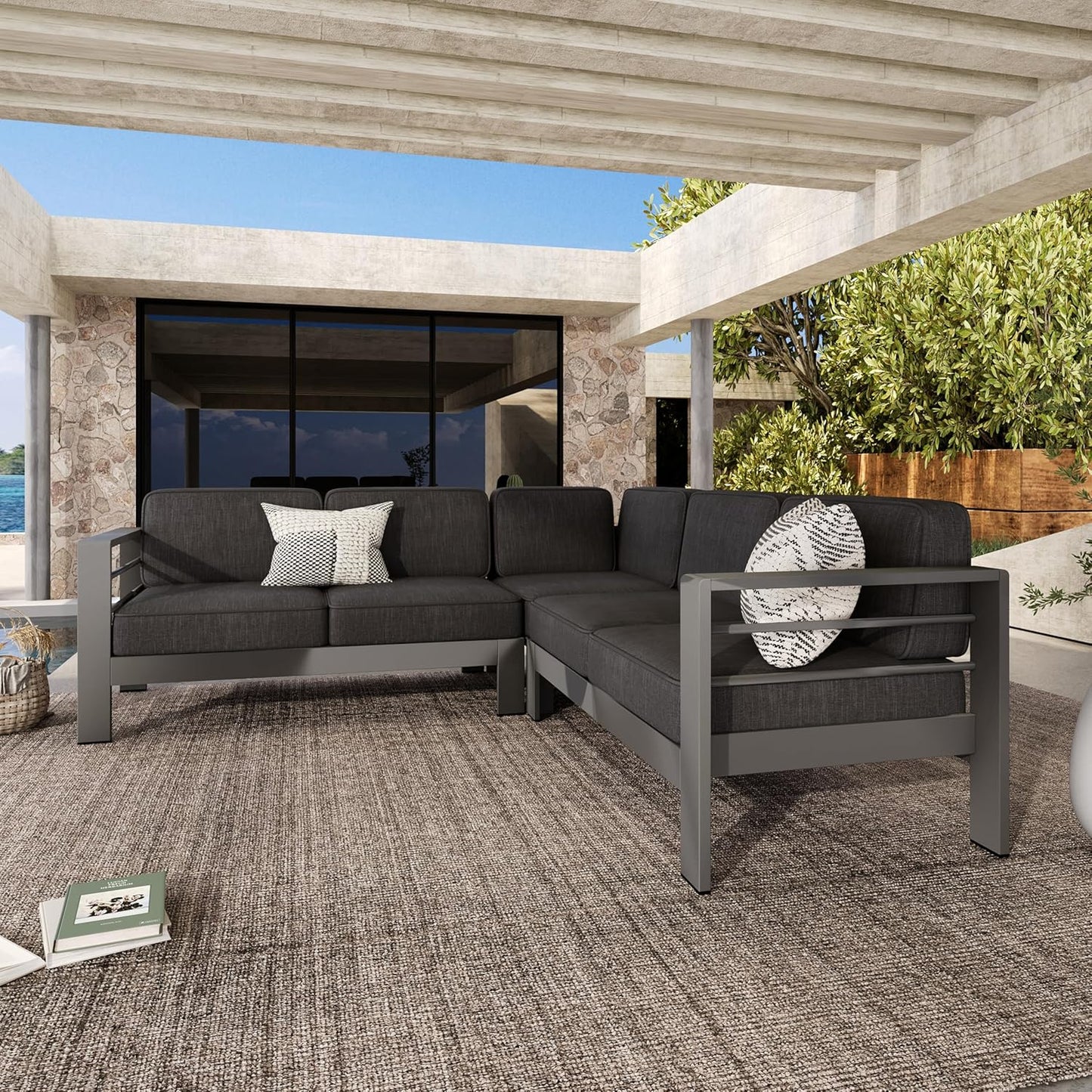 Outdoor Aluminum Furniture Set, 4-Person Patio Sectional Conversation Sofa Set, L-Shaped Outdoor Sectional Sofa with Cushions for Patios, Poolsides, Gardens (Black,Dark Gray)