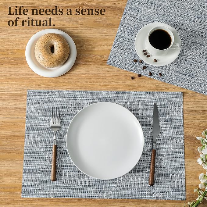 Leetaltree Alice Blue Placemats Set of 6 - Heat Resistant Non-Slip Place mats for Dining Table, Washable Durable PVC Vinyl Woven Table Mats（Jacquard Blue, 6）